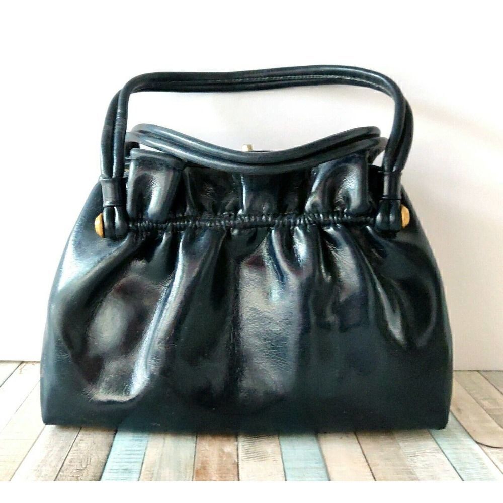 ROOMY VINTAGE NAVY BLUE SOFT VINYL FRAMED POCKETBOOK BAG HANDBAG PURSE